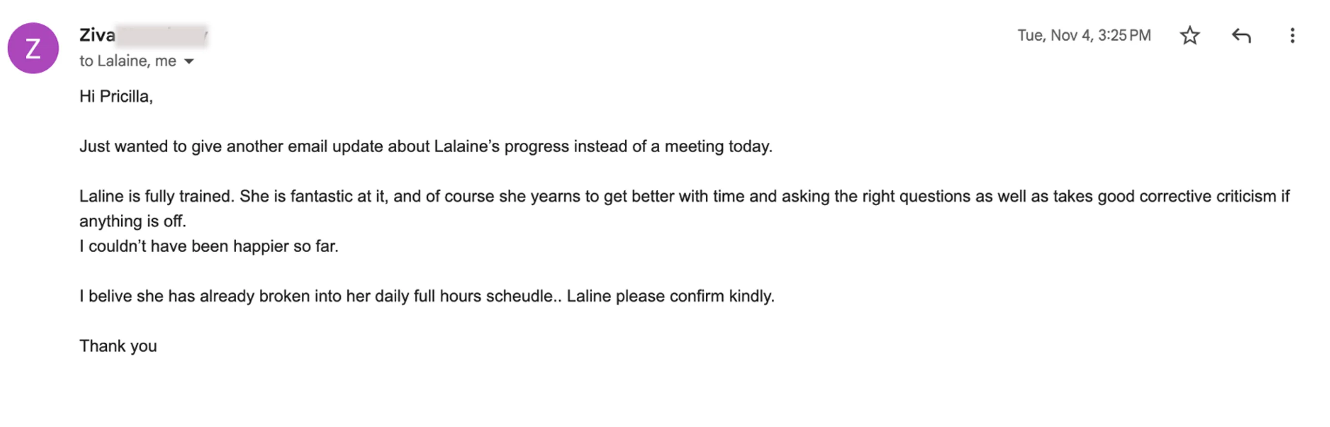 Client email saying Lalaine is fully trained, fantastic, asks the right questions, and has entered her daily full-hours schedule.
